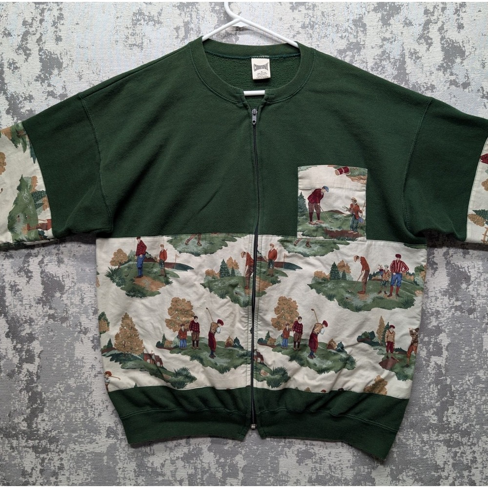 VTG Cheetah Up-cycled Men's XL Sweater Green Cotton Polyester Golf Print Zip - Picture 10 of 15